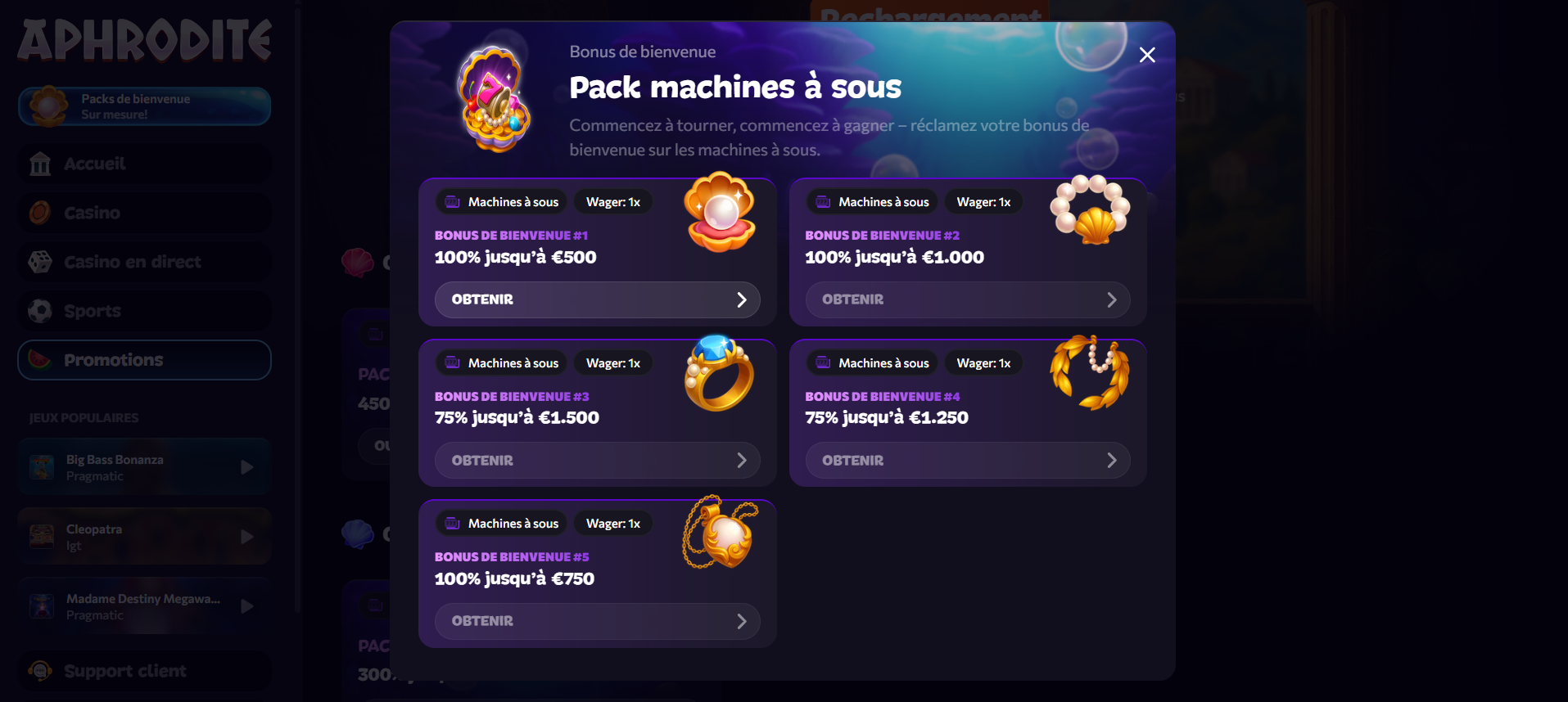 Aperçu du magnifique pack de bienvenue d'Aphrodite Casino réparti sur plusieurs dépôts.